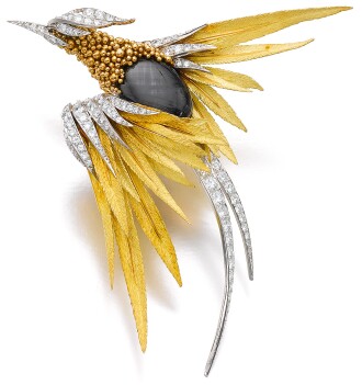 View 1 of Lot 24: STERLÉ | BLACK SAPPHIRE AND DIAMOND BROOCH