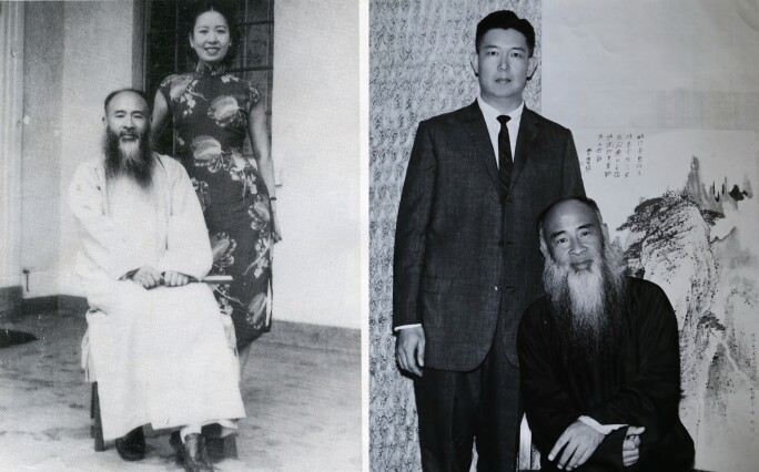 Black-and-white photographs of Tang Hung and Zhang Daqian, Fung Bi-Che and Zhang Daqian