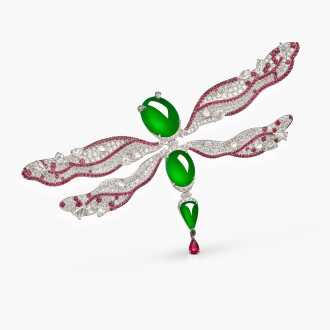View 1 of Lot 1635: Jadeite, Ruby and Diamond 'Dragonfly' Brooch | 天然「緬甸」翡翠 配 紅寶石 及 鑽石「 ⽟蜓萬芊」 胸針 