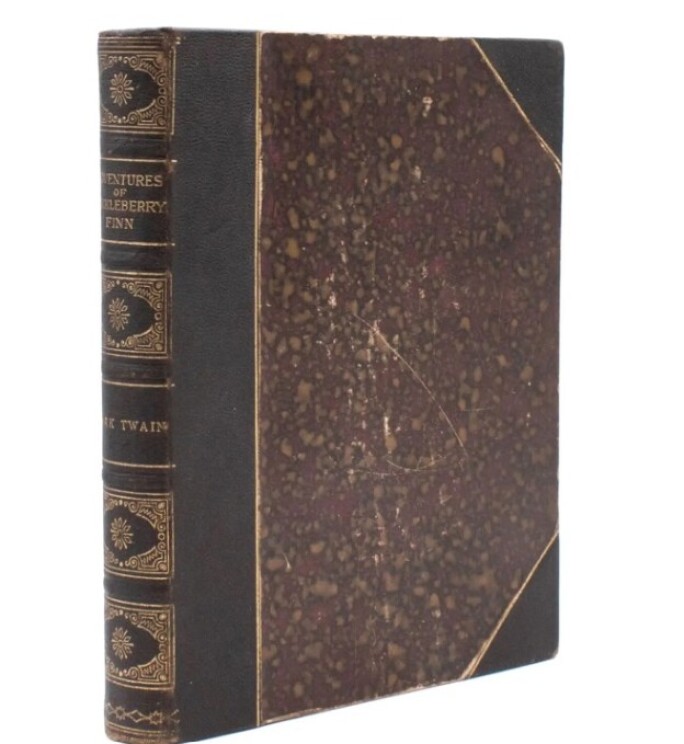 First American edition of Adventures of Huckleberry Finn by Mark Twain, published in 1885 in deluxe half morocco binding, with original illustrations by E.W. Kemble.