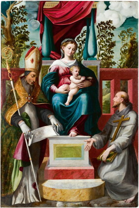 Catalog image of The Virgin and Child enthroned with a bishop saint and Saint Francis | 《聖母與聖嬰加冕…