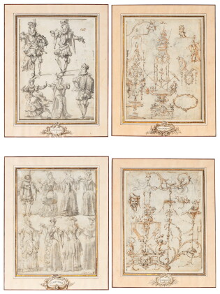 Catalog image of a pair of double sided drawings: costume designs (recto); arabesques designs (verso)