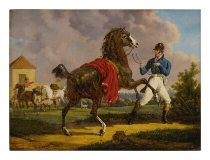 Catalog image of bernard édouard swebach | equerry with horse of louis xviii outside the royal stables