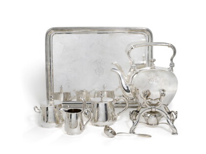 Catalog image of a silver tea set, nikolai kemper, stefan wakeva and an unknown maker, 1891-1893