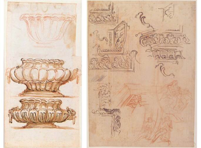 Fig. 5 (left) Il Volterrano, Studies for a silver basin. Red chalk and brown ink, 29 x 15.1 cm. Sotheby’s, London, 6 July 2005, lot 128; Fig. 6 (right) Il Volterrano, Studies of architectural mouldings, etc. (recto). Red chalk and brown ink, 28.5 x 20.7 cm. The Metropolitan Museum of Art, New York