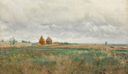Catalog image of landscape with haystacks and a flock of sheep