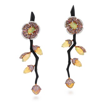 View 1 of Lot 1010: Pair of carbon fibre, pink titanium, white gold, fancy sapphire, diamond and opal earrings  