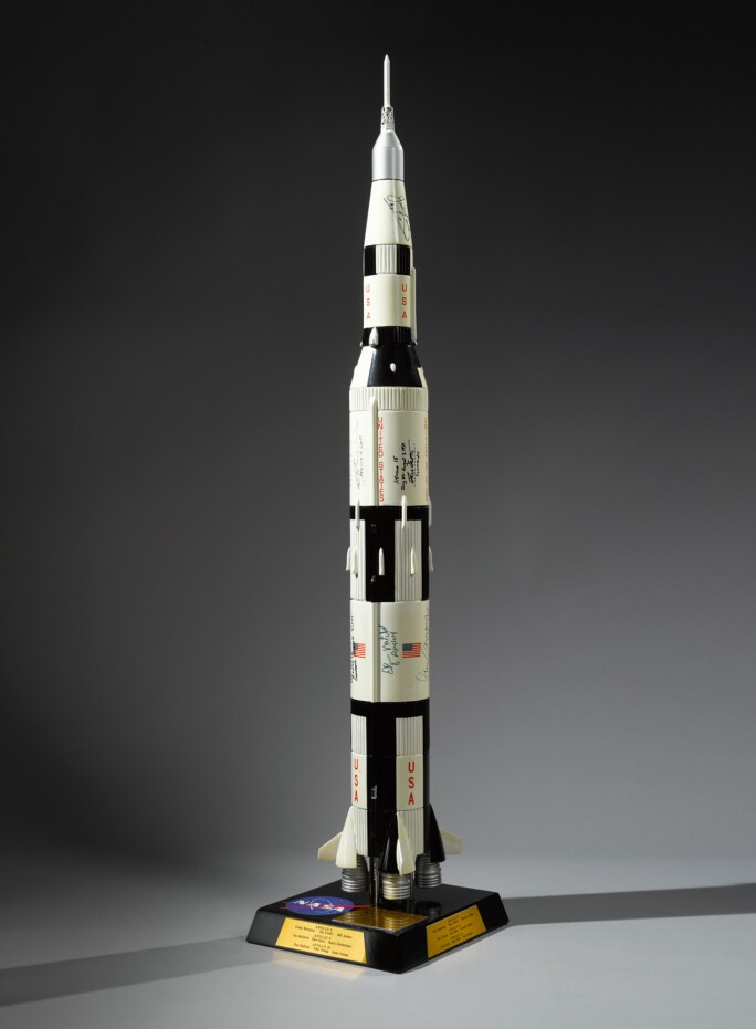 SATURN V ROCKET MODEL, SIGNED AND INSCRIBED BY VARIOUS ASTRONAUTS