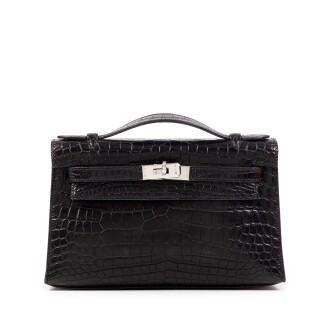 View 1 of Lot 623: Black Matte Niloticus Crocodile Kelly Pochette White Gold and Diamond Hardware, 2005