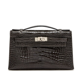 View 1 of Lot 436: Graphite Kelly Pochette in Shiny Mississippiensis Alligator Palladium Hardware, 2010