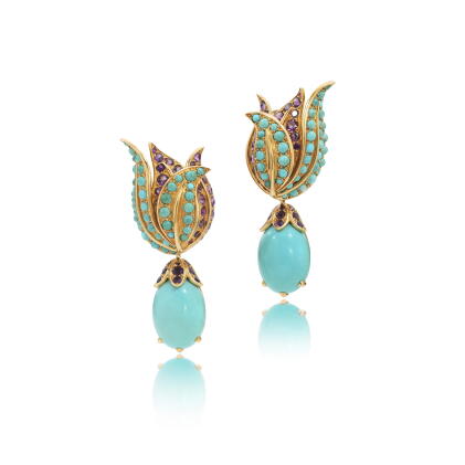 Catalog image of Pair of turquoise and amethyst earrings, 'Feuilles', circa 1955
