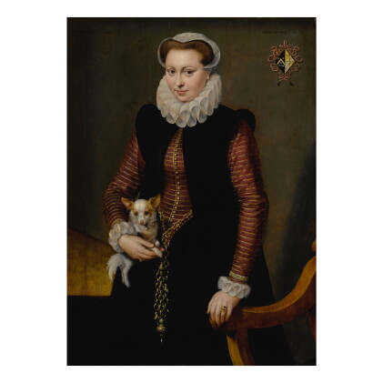 Catalog image of Portrait of a young woman, aged 17, holding a small spaniel wearing a collar of bells