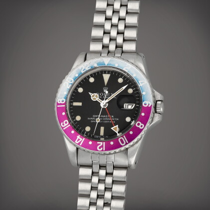 Catalog image of 'Fuchsia' GMT-Master, Reference 1675 | A stainless steel dual time wristwatch w…