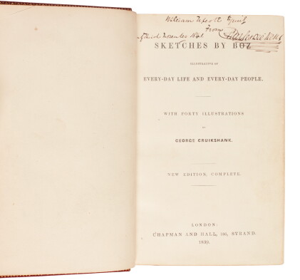 Catalog image of dickens, sketches by boz, 1839, first one volume edition, presentation copy ins…