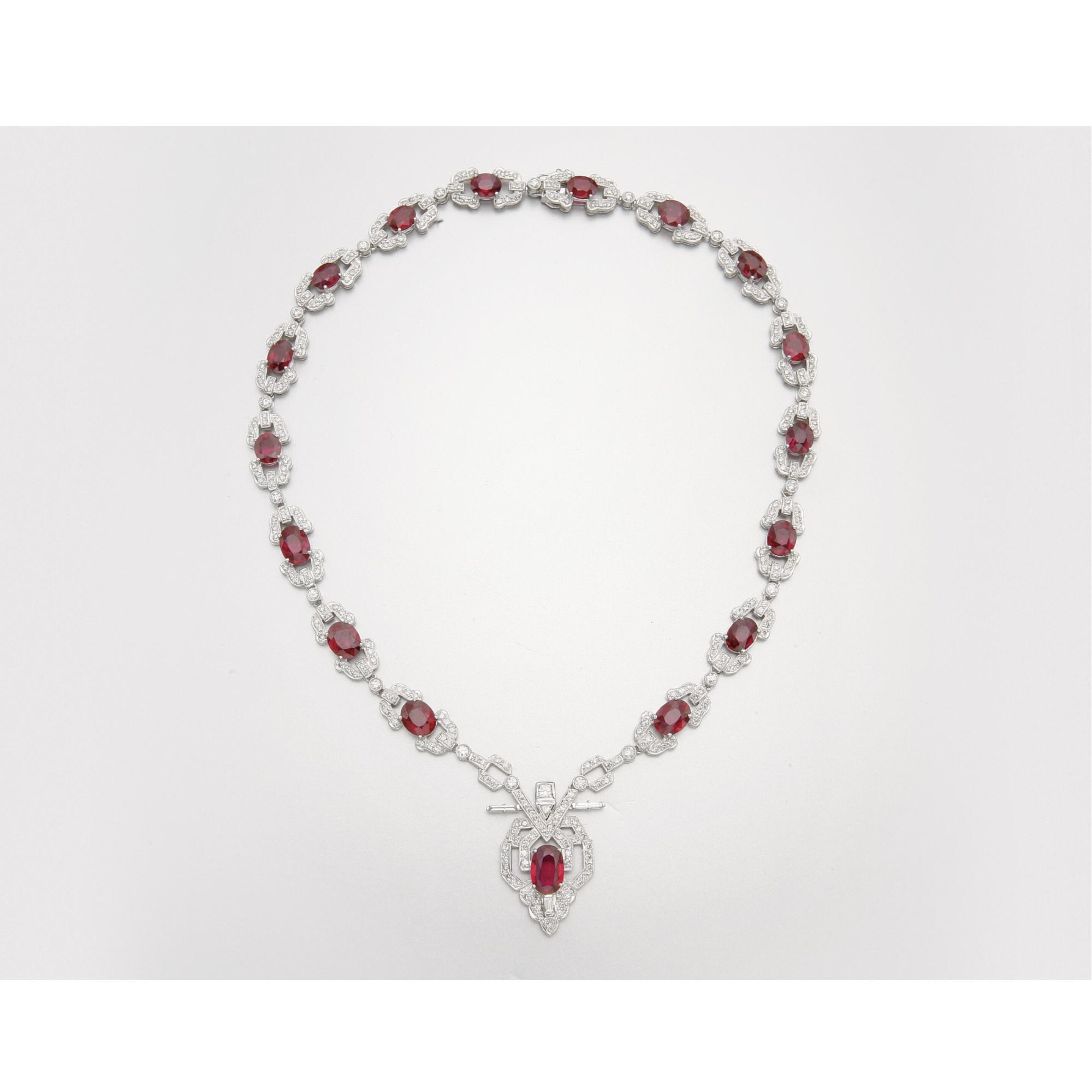 (#81) 18K WHITE GOLD, RUBY AND DIAMOND NECKLACE