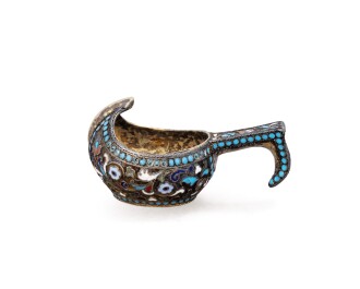View 1 of Lot 68: A small Russian silver-gilt and cloisonné enamel Kovsh, mark of Nikolay Zverev, 1908-17