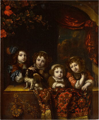 Catalog image of Portrait of four children with a dog and a cat at a windowsill