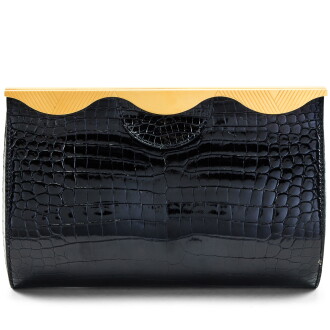 View 1 of Lot 130: Vintage Black Shiny Porosus Crocodile Clutch Gold Hardware, 1998