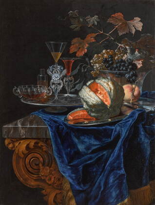 Catalog image of Still life with a melon and a peach on a silver platter, with a glass bowl of g…