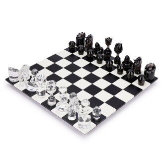 View 1 of Lot 733: Jeu Flannel-Grey Crystal and Wood Chess Game Set