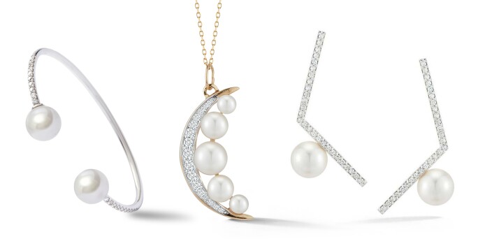 Autore White Gold, Cultured Pearl and Diamond Cuff Bracelet, Mateo New York Gold, Diamond and Cultured Pearl Crescent Moon Pendant Necklace and Gold, Cultured Pearl and Diamond Obtuse Angle Earrings