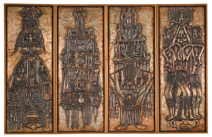 Catalog image of bruce onobrakpeya | a group of 4 panels (untitled; the masquerades; oremu vbo o…
