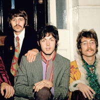 Publicity photo of The Beatles (George Harrison, Ringo Starr, Paul McCartney and John Lennon) at Abbey Road Studios