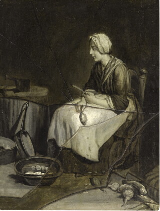 Catalog image of A scullery maid peeling potatoes, with trompe l’œil broken glass