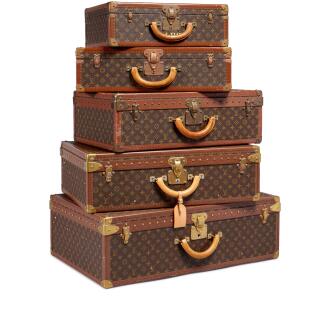 View 1 of Lot 10: Set of Five Vintage Monogram Canvas Alzer Trunks Brass Hardware