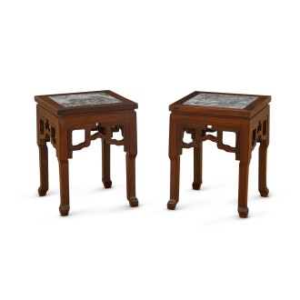 View 1 of Lot 2022: A pair of marble-inset hardwood stools 硬木嵌雲石方凳一對