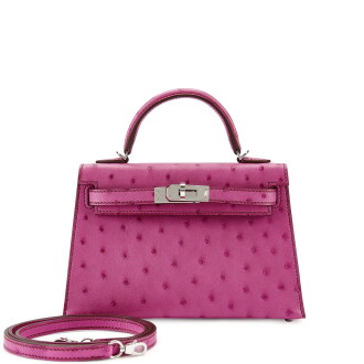 View 1 of Lot 7752: Fuchsia Ostrich Mini Kelly II 20 Palladium Hardware, 2021