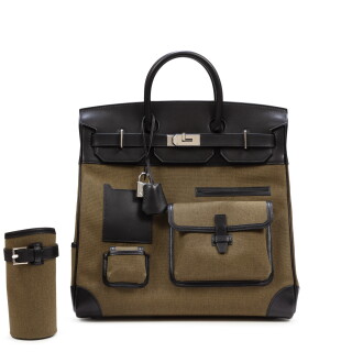 View 1 of Lot 708: Black Calfbox and Khaki Toile Goeland Cargo HAC Birkin 40 Palladium Hardware, 2022