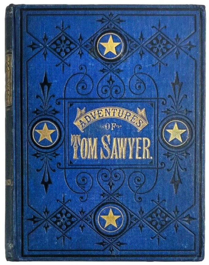 First printing of The Adventures of Tom Sawyer by Mark Twain, published in 1876 by The American Publishing Company, in original blue pictorial cloth with elaborate gilt and black stamping on the spine and front board.