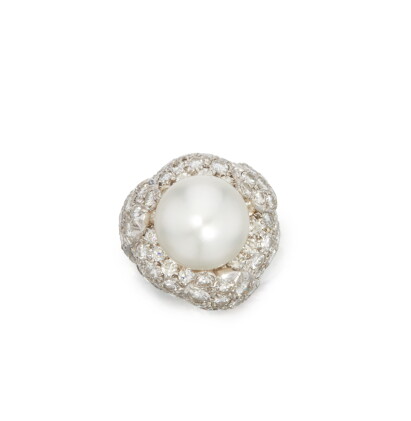 Catalog image of cultured pearl and diamond ring, david webb