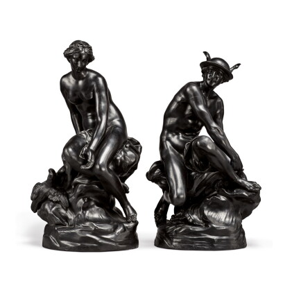 Catalog image of a pair of wedgwood black basalt large figures of venus and mercury 19th century