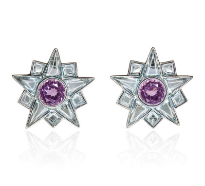 Catalog image of pair of kunzite and blue topaz ear clips, 'star', michele della valle