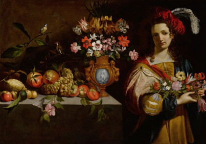 Catalog image of Still life with fruits, a vase, birds and a youth with flower basket