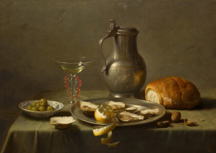 Catalog image of Still life with pewterware, a glass, oysters, bread, walnuts, olives and a peel…