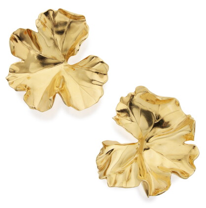 Catalog image of pair of aluminum 'geranium' earclips, jar, paris