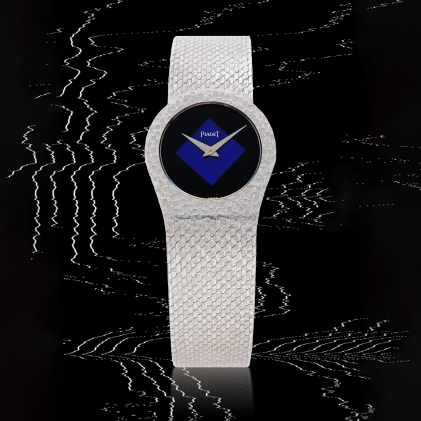 Catalog image of Reference 9081 B 56 | A white gold bracelet watch with onyx and lapis lazuli di…