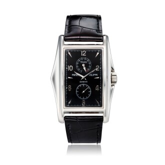 View 1 of Lot 121: Reference 5100P-001  A limited edition platinum rectangular wristwatch with 10 day power reserve, Made to commemorate the millennium, Made in 2001