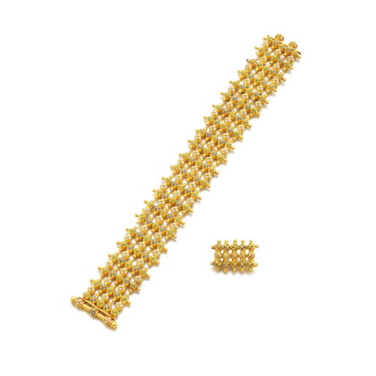 Catalog image of Gold and enamel bracelet and a brooch, circa 1870 and later