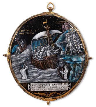 View 1 of Lot 109: A Limoges painted enamel oval medallion depicting the Abduction of Helena, attributed to Colin Nouailher (c.1514-1571), Circa 1540