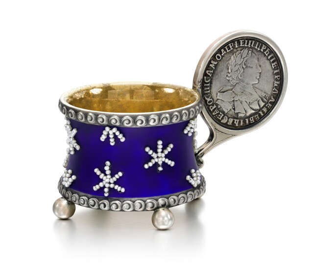 A Fabergé parcel-gilt silver, enamel and seed pearl charka, Moscow, 1908-1917, Estimate £10,000-15,000