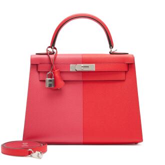 View 1 of Lot 150: Limited Edition Rose Extreme, Rouge de Coeur and Blue Zanzibar Tri-Color Casaque Kelly 28 Sellier Palladium Hardware, 2020