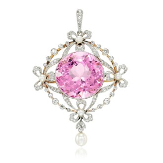 View 1 of Lot 58: Morganite, pearl and diamond pendant/brooch, circa 1910