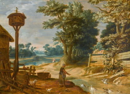 Catalog image of johannes urselincx | a river landscape with a peasant woman feeding ducks