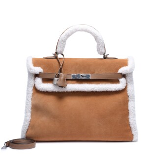 View 1 of Lot 82: Limited Edition Alezan Swift, Chamois Grizzly and Ecru Shearling Teddy Plush Kelly 35 Palladium Hardware, 2023