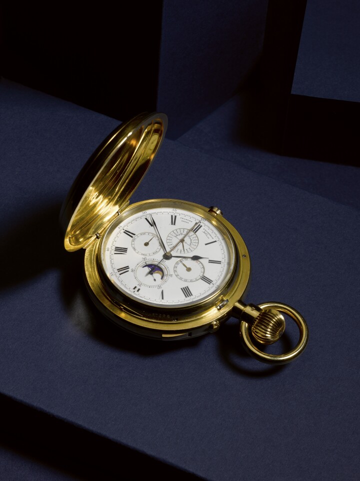 Charles Frodsham, London, A Heavy and Massive Gold Hunting Cased Keyless Lever Two-Train Grande and Petite Sonnerie Clock Watch with Trip Minute Repetition, Perpetual Calendar with Moon Phases, Chronograph with Central Register 1884, No. 06989, Made 1884.