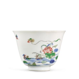 View 1 of Lot 491: A wucai 'lotus' month cup, Mark and period of Kangxi 清康熙 五彩六月荷花花神盃 《大清康熙年製》款